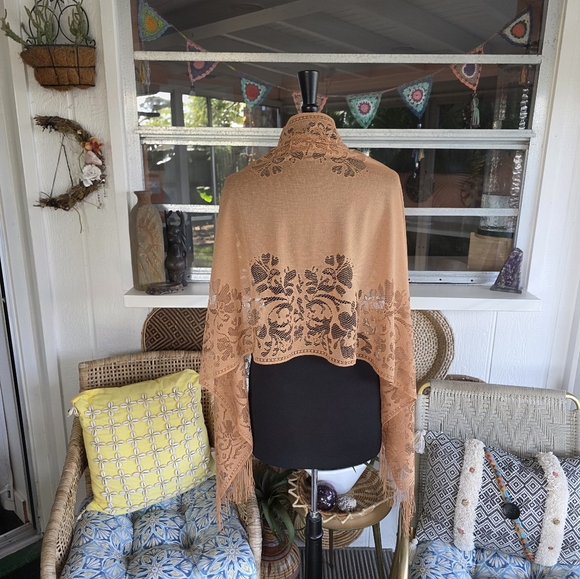 Fringe Wrap Hippie Vintage Tan Floral Lace Scarf Boho Chic Bohemian - Picture 3 of 10